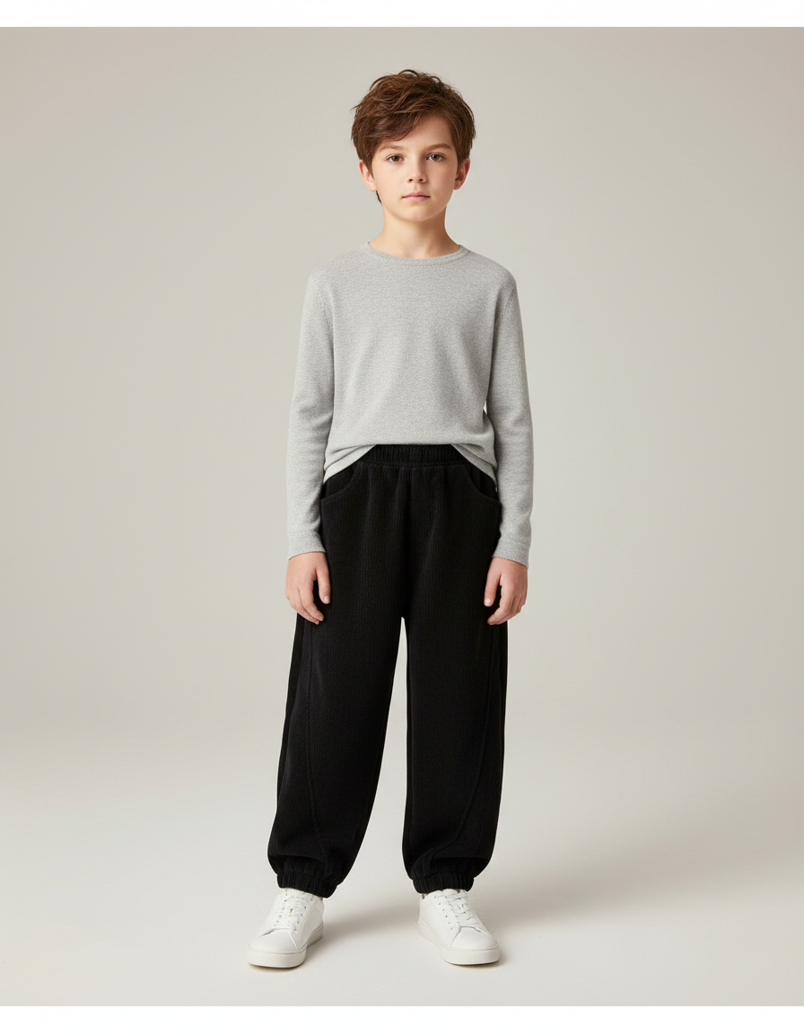 Pantalon Noir Côtelé Ample Décontracté Enfant Sport - Cordé