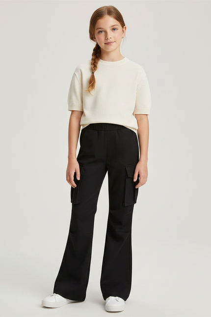 Pantalon Noir Cargo Ample Côtelé Fille - Cordé