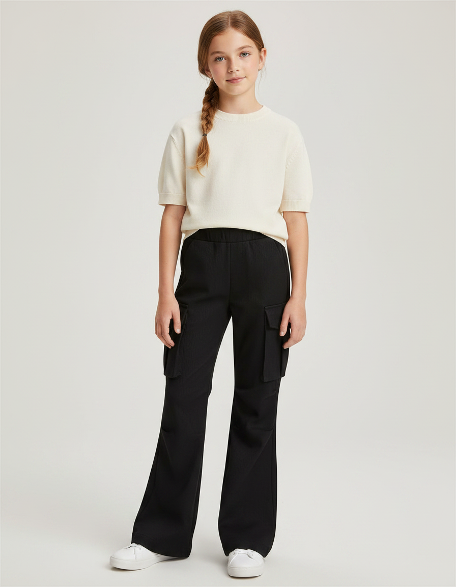 Pantalon Noir Cargo Ample Côtelé Fille - Cordé