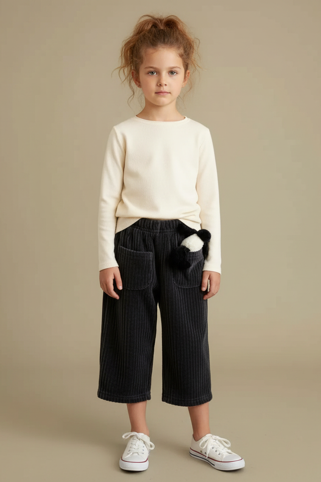 Pantalon Noir Côtelé Ample Décontracté Enfant Hiver - Cordé