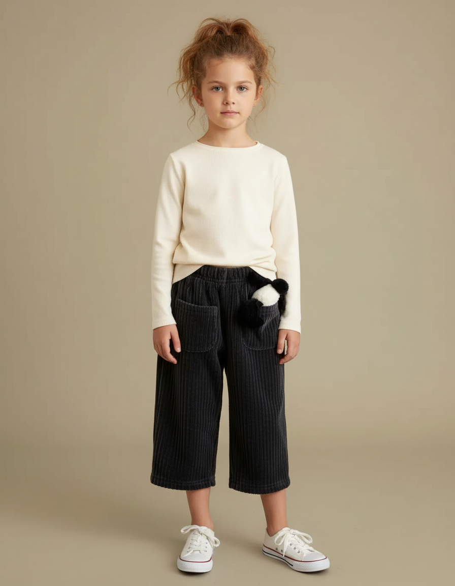 Pantalon Noir Côtelé Ample Décontracté Enfant Hiver - Cordé