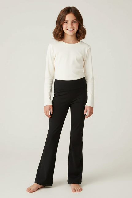 Pantalon Noir Évasé Confortable Taille Haute Fille - Polyester