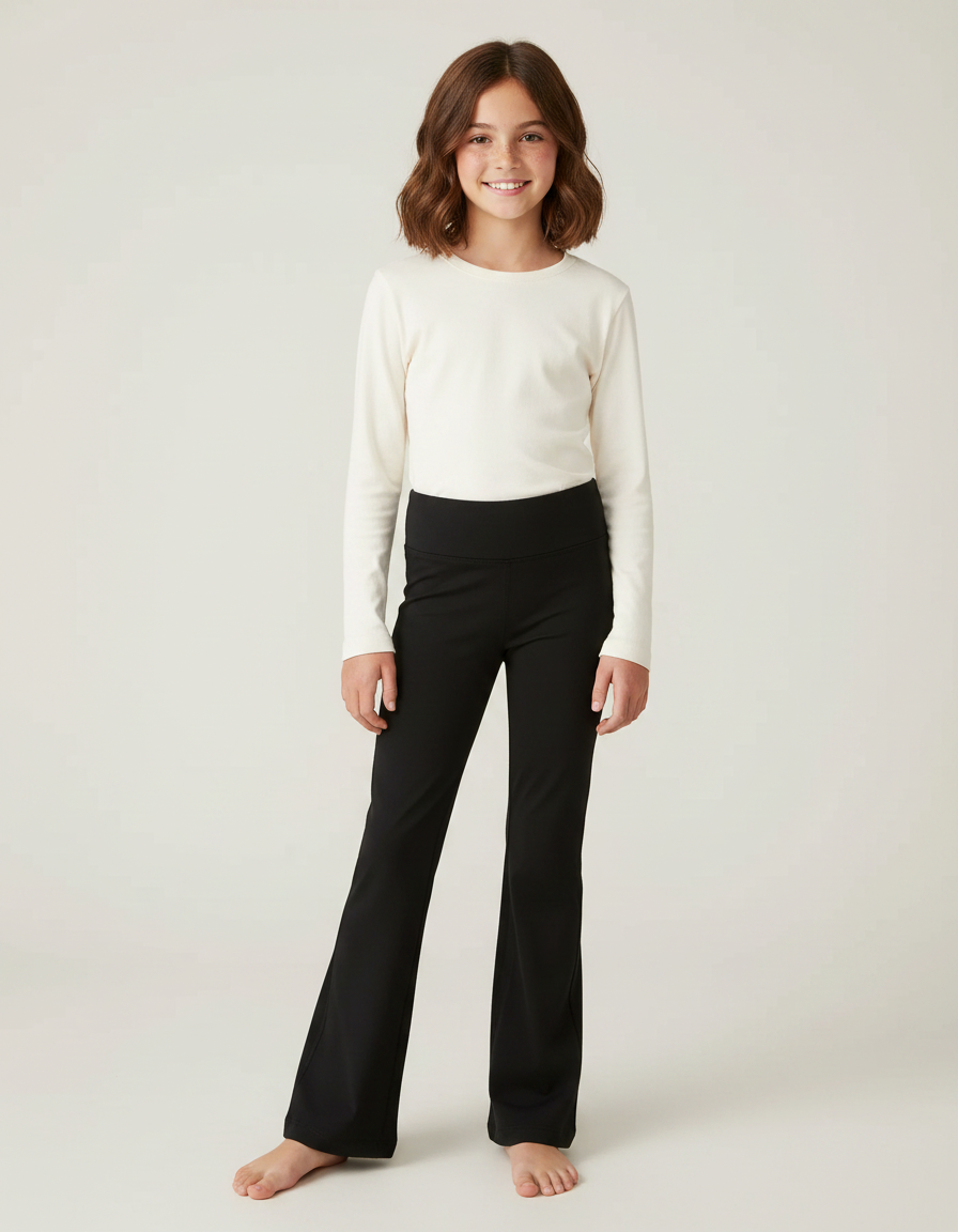 Pantalon Noir Évasé Confortable Taille Haute Fille - Polyester