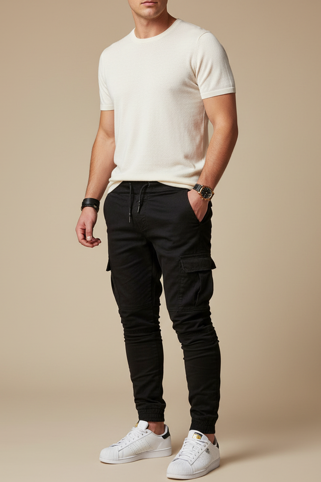 Pantalon Noir Cargo Cordon Slim Jogging Homme - Coton
