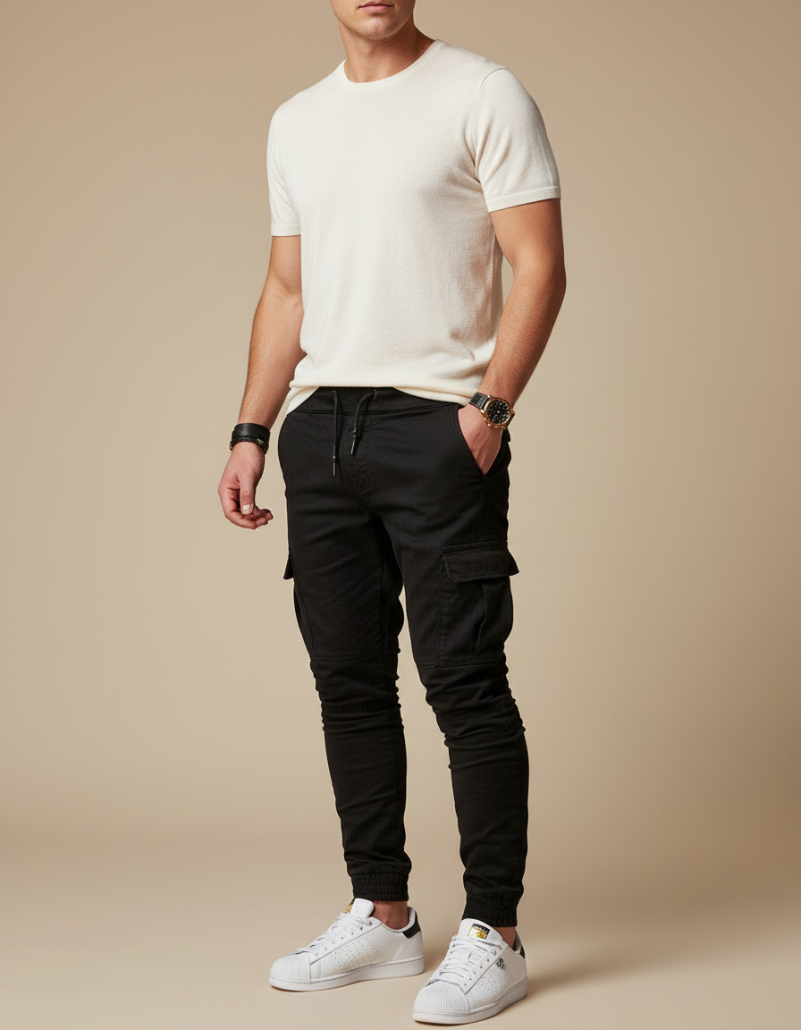 Pantalon Noir Cargo Cordon Slim Jogging Homme - Coton