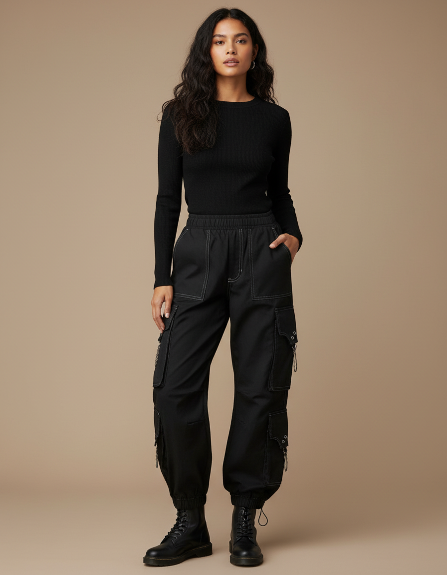 Pantalon Noir Ligne Blanche - Toile