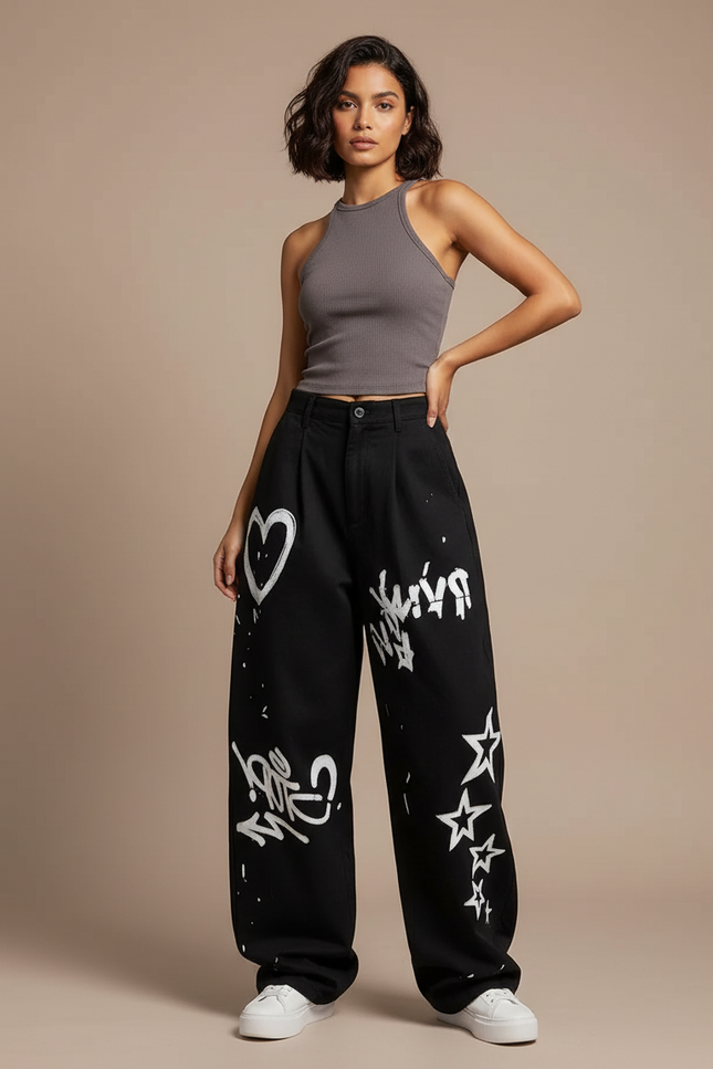 Pantalon Noir Ample Graffitis Blancs Décontracté Femme - Toile