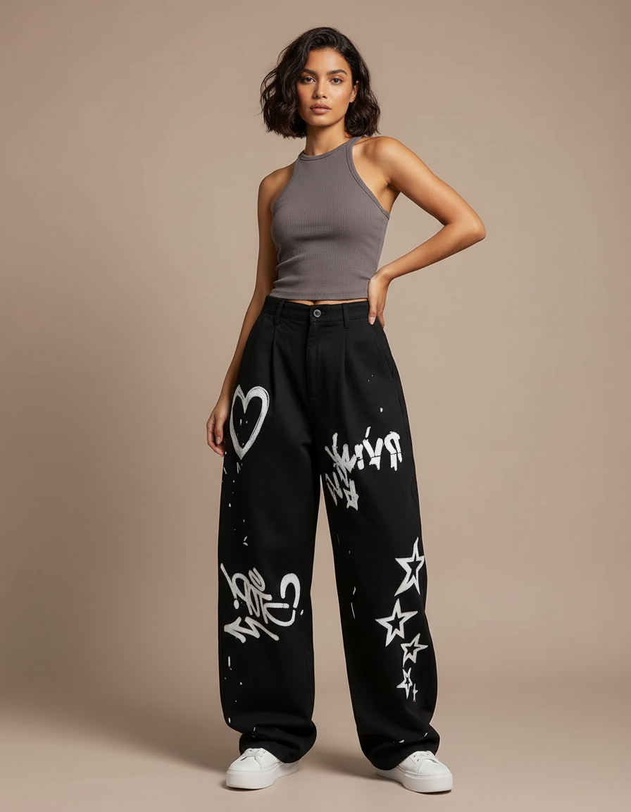 Pantalon Noir Ample Graffitis Blancs Décontracté Femme - Toile