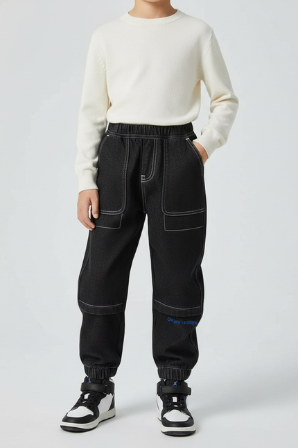 Pantalon Noir Jogger Denim Enfant Décontracté Élastique - Jean