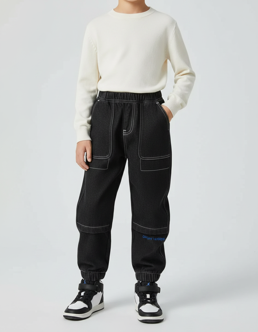 Pantalon Noir Jogger Denim Enfant Décontracté Élastique - Jean