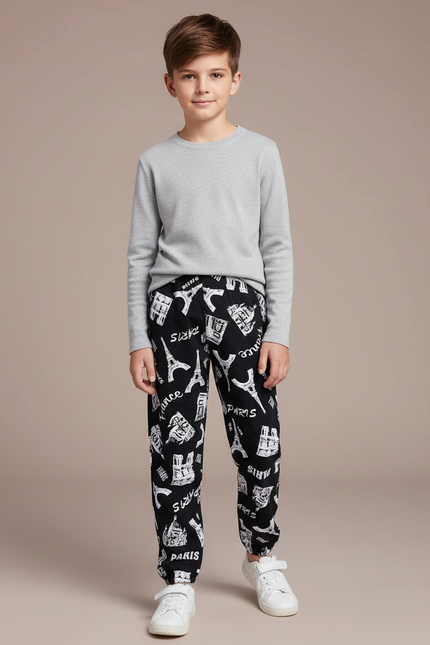 Pantalon Noir Imprimé Paris Enfant Décontracté - Molleton