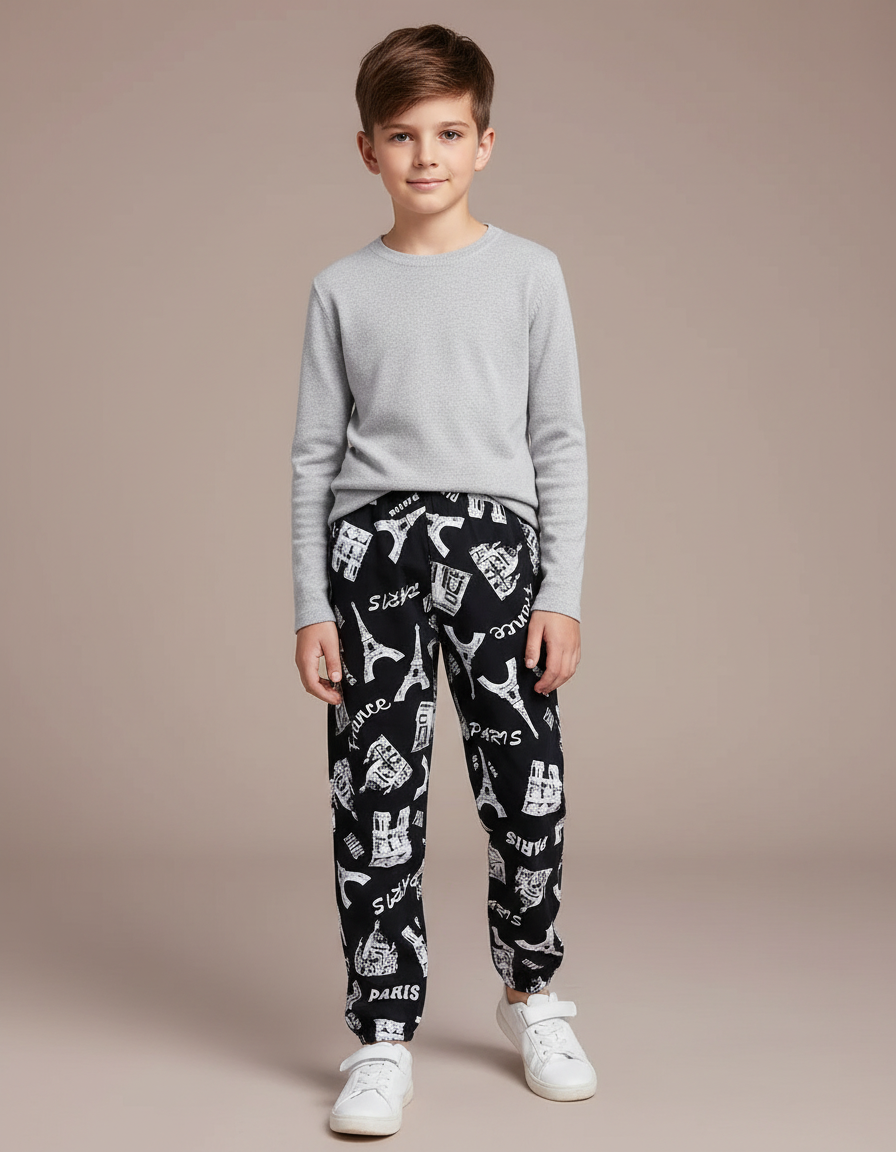 Pantalon Noir Imprimé Paris Enfant Décontracté - Molleton