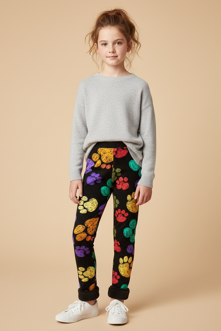 Pantalon Noir Molletonné Imprimé Pattes Colorées Fille Hiver