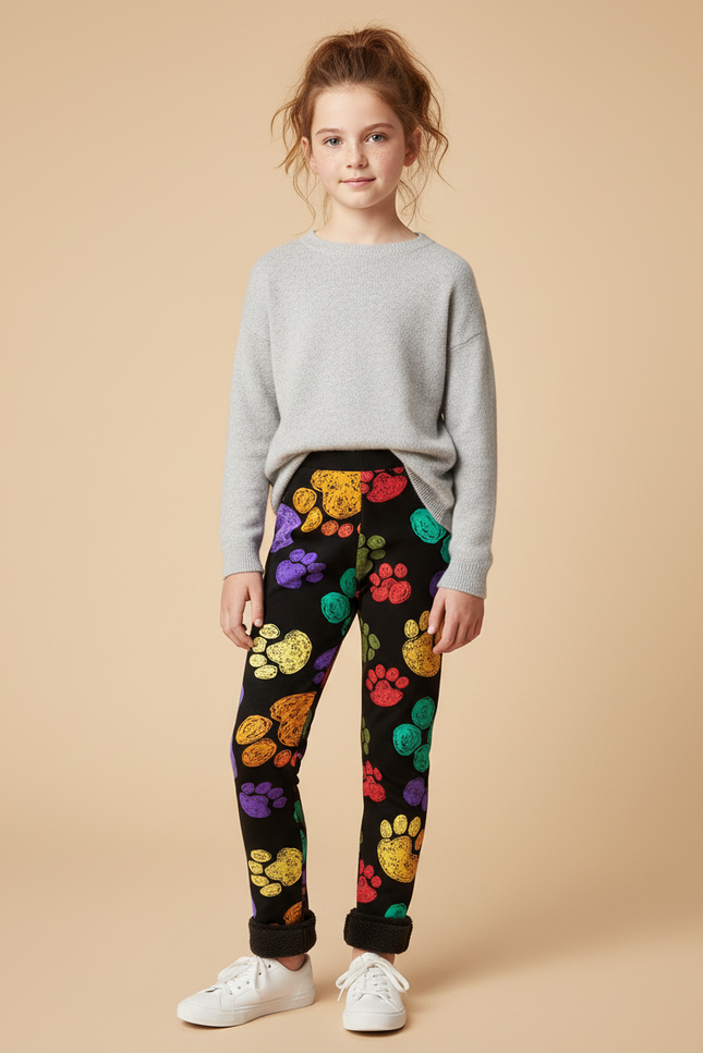 Pantalon Noir Molletonné Imprimé Pattes Colorées Fille Hiver