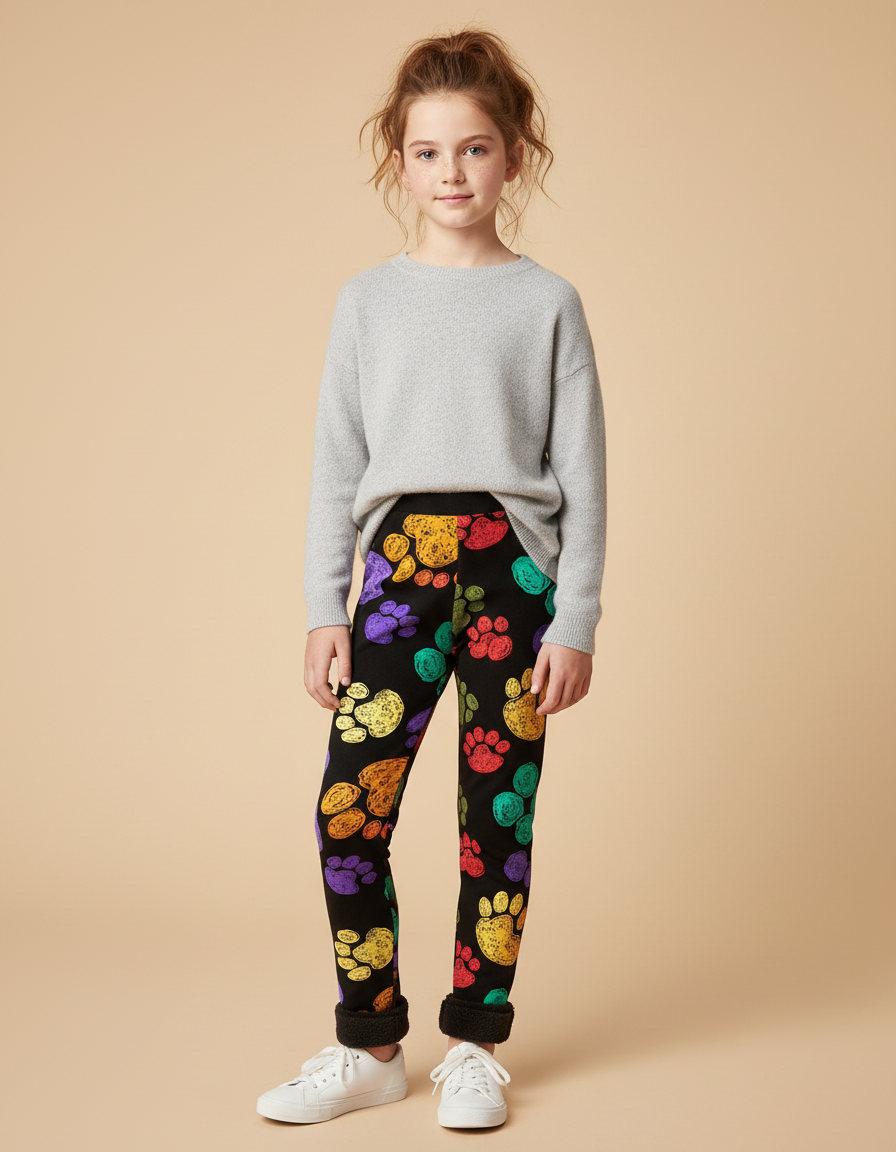 Pantalon Noir Molletonné Imprimé Pattes Colorées Fille Hiver