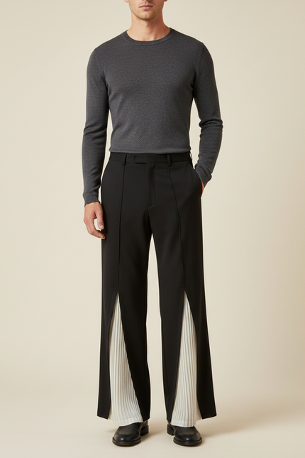 Pantalon Noir Large Plissé Décontracté Homme - Polyester