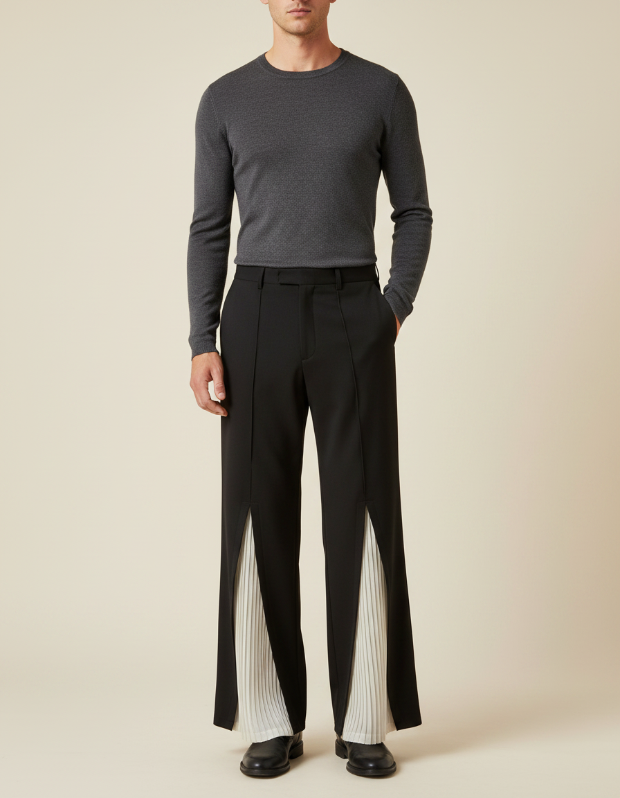 Pantalon Noir Large Plissé Décontracté Homme - Polyester