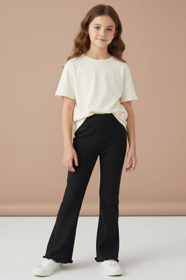 Pantalon Noir Côtelé Évasé Confortable Volanté Fille - Maille