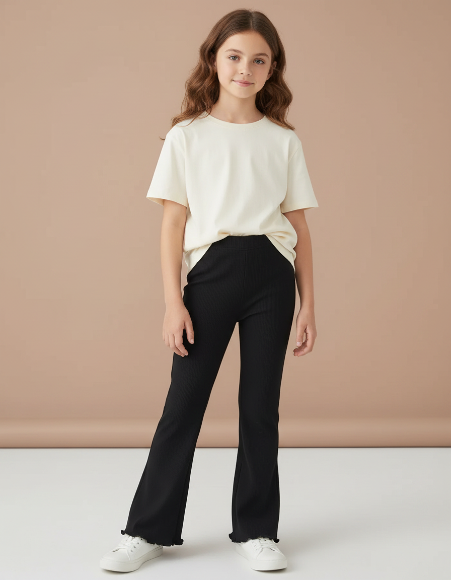Pantalon Noir Côtelé Évasé Confortable Volanté Fille - Maille