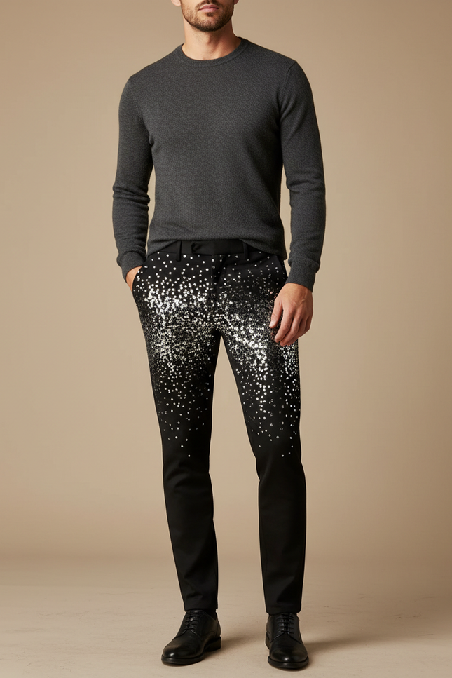 Pantalon Noir Pailleté Slim Homme Scintillant Élégant - Polyester