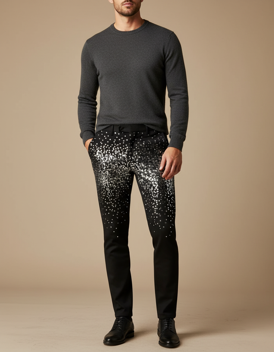 Pantalon Noir Pailleté Slim Homme Scintillant Élégant - Polyester