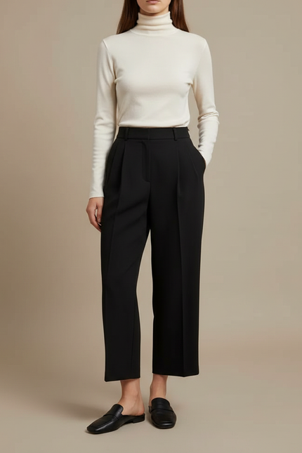 Pantalon Noir Femme Taille Haute Plissé Fluide Élégant - Gabardine