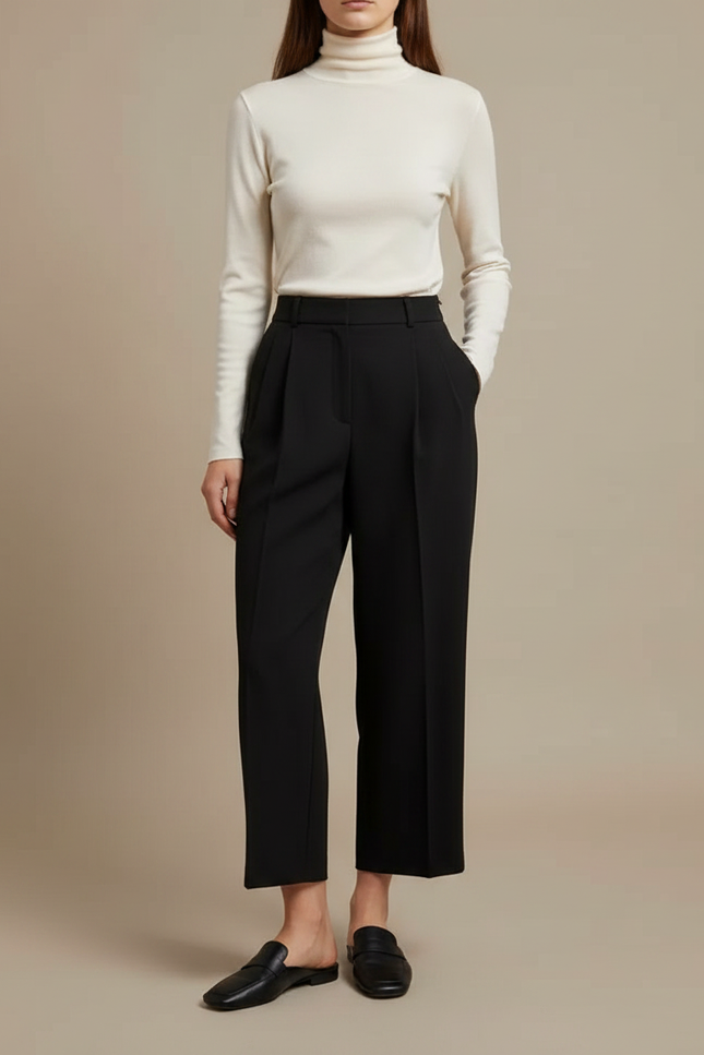 Pantalon Noir Femme Taille Haute Plissé Fluide Élégant - Gabardine