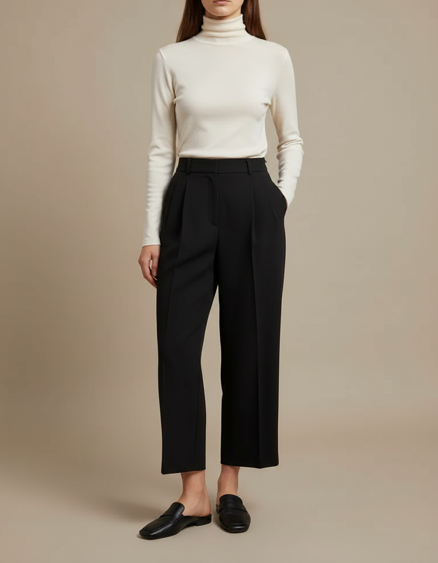 Pantalon Noir Femme Taille Haute Plissé Fluide Élégant - Gabardine