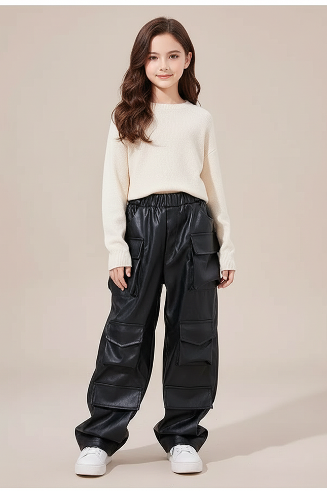 Pantalon Noir Fille Cuir Ample Cargo Streetwear - Simili cuir