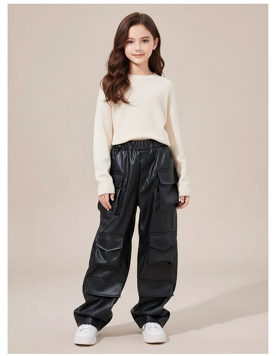 Pantalon Noir Fille Cuir Ample Cargo Streetwear - Simili cuir