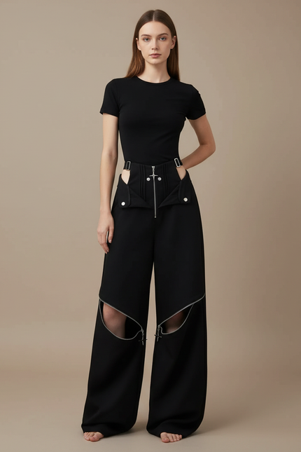 Pantalon Noir Ample Zippé Chaînes Découpé Femme - Polyester