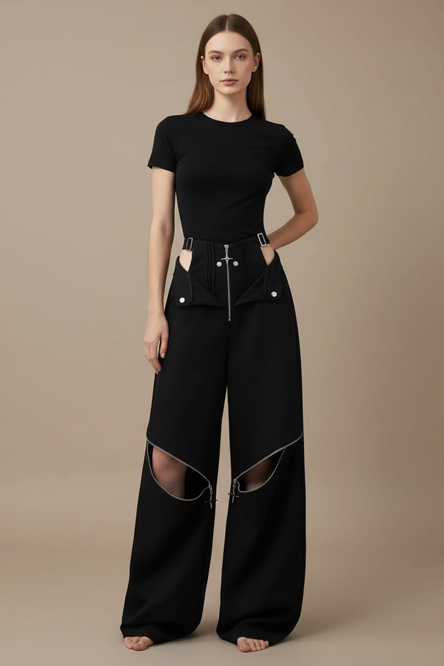 Pantalon Noir Ample Zippé Chaînes Découpé Femme - Polyester