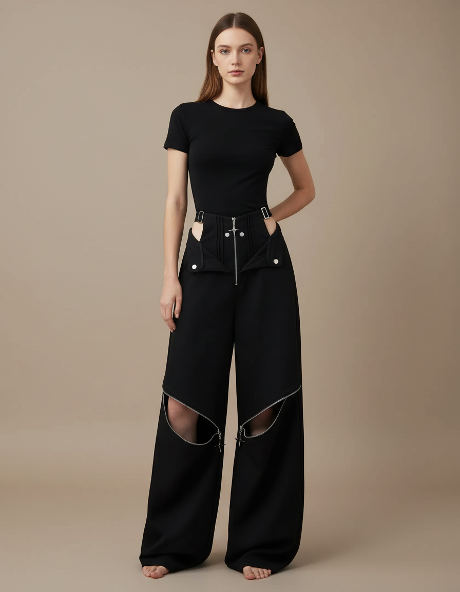 Pantalon Noir Ample Zippé Chaînes Découpé Femme - Polyester