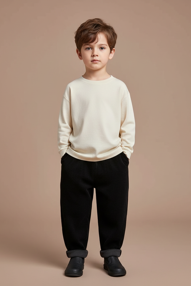 Pantalon Noir Côtelé Ample Doublé Chaud Enfant - Cordé