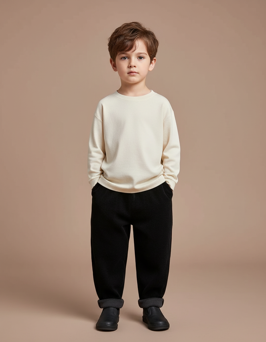 Pantalon Noir Côtelé Ample Doublé Chaud Enfant - Cordé
