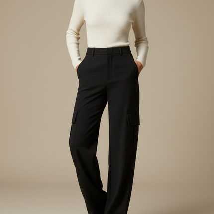 Pantalon Noir Cargo Droit Fluide Élégant Femme - Gabardine