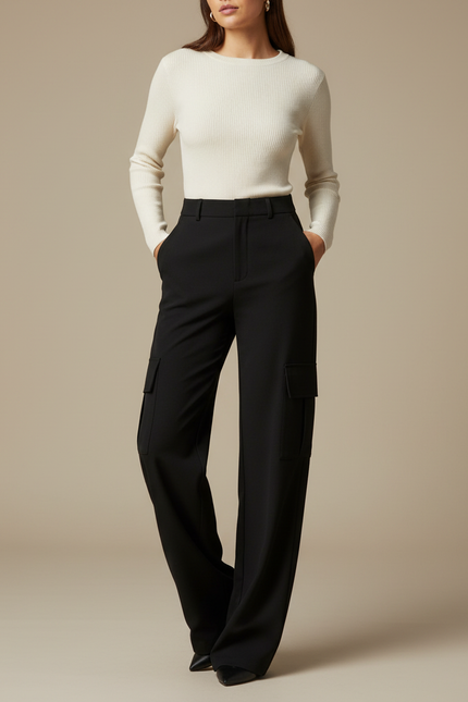 Pantalon Noir Cargo Droit Fluide Élégant Femme - Gabardine