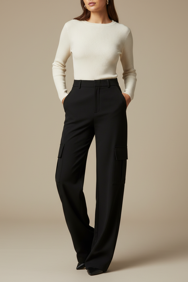 Pantalon Noir Cargo Droit Fluide Élégant Femme - Gabardine