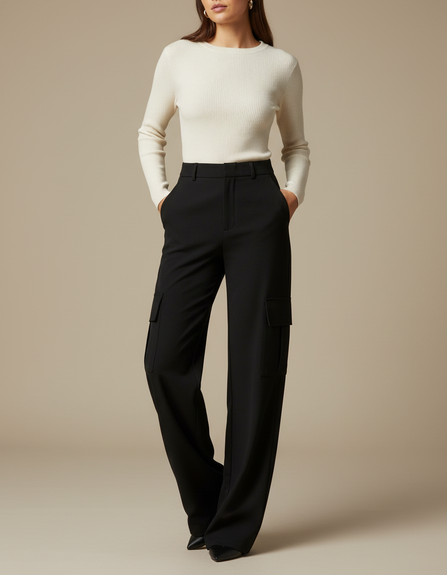 Pantalon Noir Cargo Droit Fluide Élégant Femme - Gabardine
