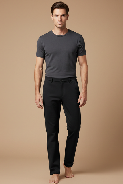 Pantalon Noir Homme Ajusté Droit Élégant Décontracté - Polyester