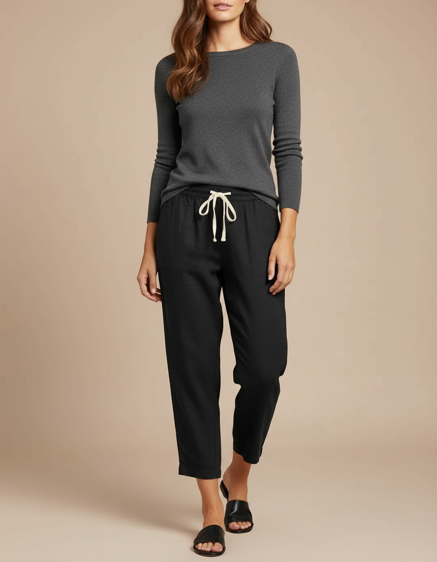 Pantalon Noir Lin Coton Ample Décontracté Femme