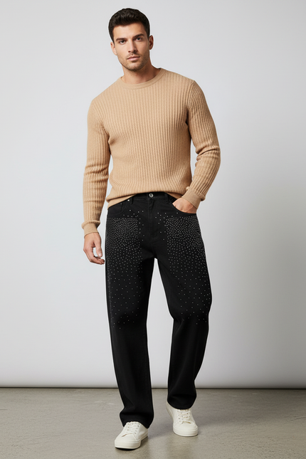 Pantalon Noir Strass Décontracté Coupe Droite Homme - Jean