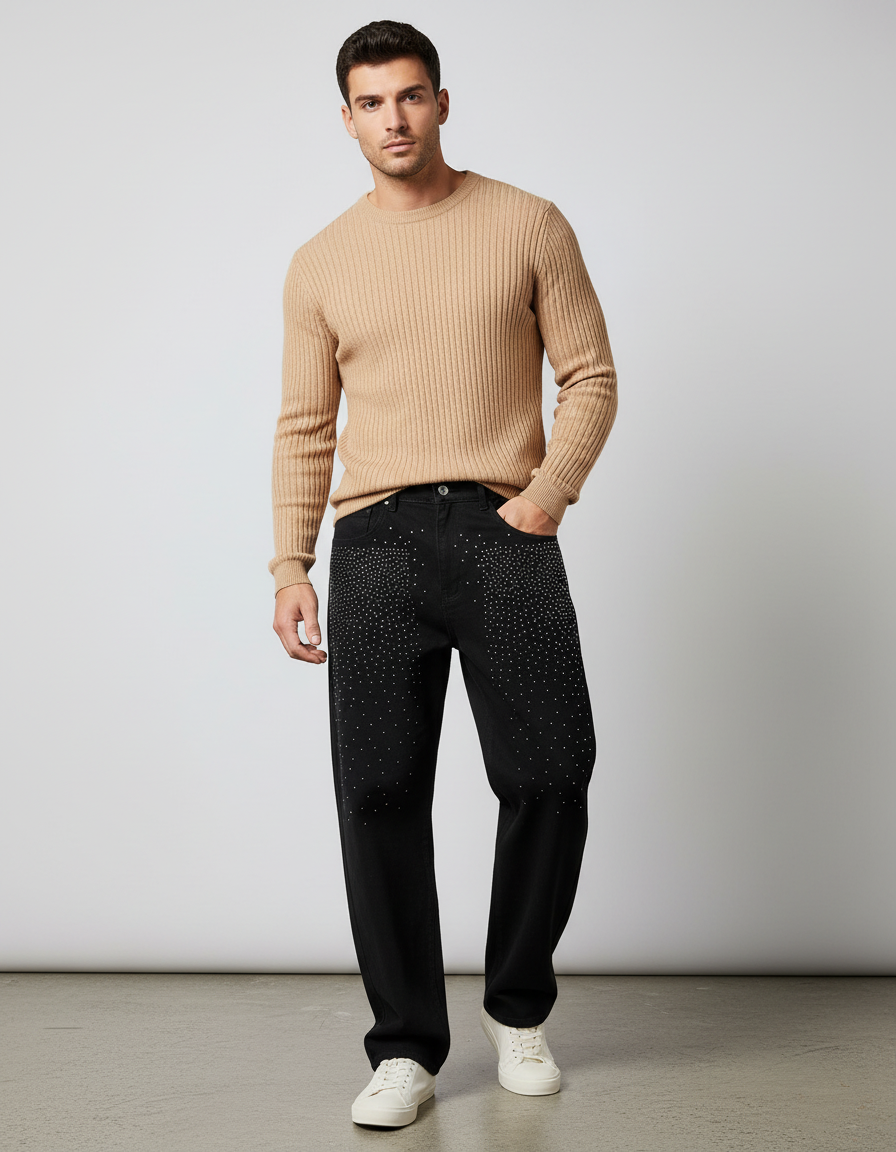 Pantalon Noir Strass Décontracté Coupe Droite Homme - Jean
