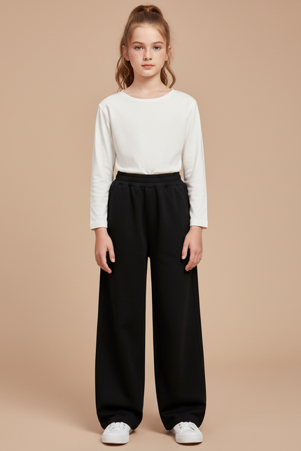 Pantalon Noir Ample Droit Décontracté Fille - Molleton