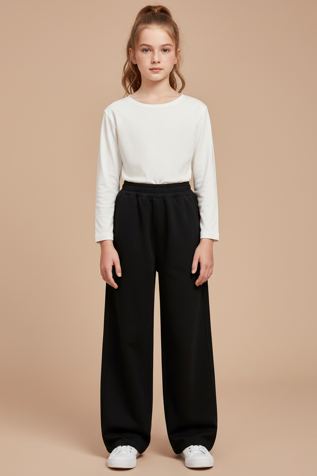 Pantalon Noir Ample Droit Décontracté Fille - Molleton