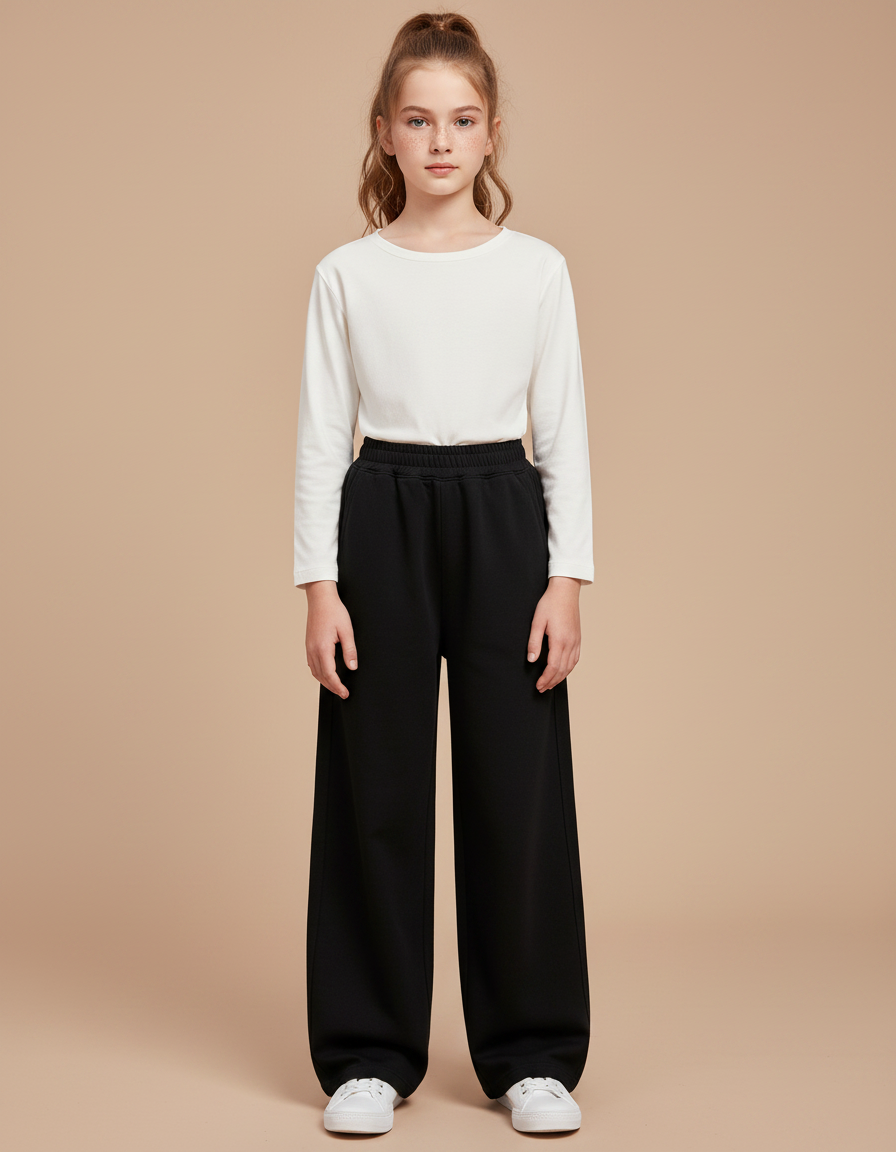 Pantalon Noir Ample Droit Décontracté Fille - Molleton