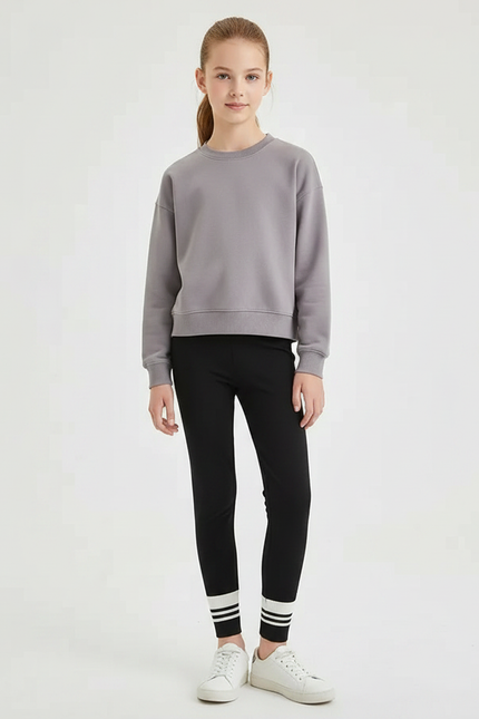 Pantalon Noir Leggings Sportif Rayures Blanches Confortable Fille - Polyester