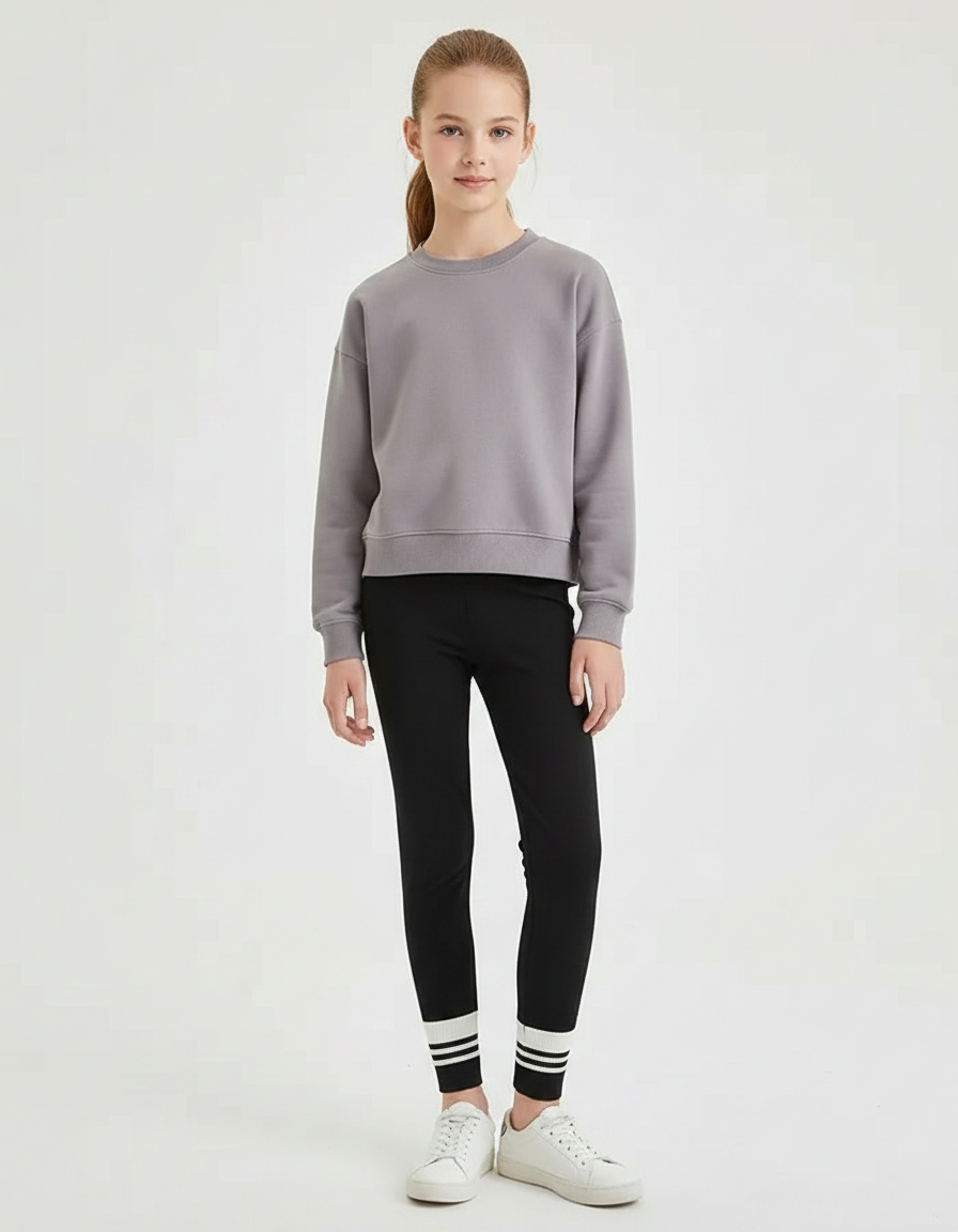 Pantalon Noir Leggings Sportif Rayures Blanches Confortable Fille - Polyester