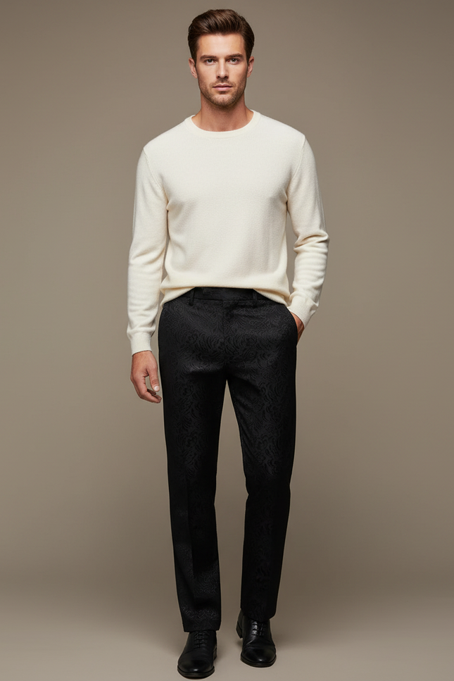 Pantalon Noir Jacquard Motif Baroque Élégant Homme - Satin