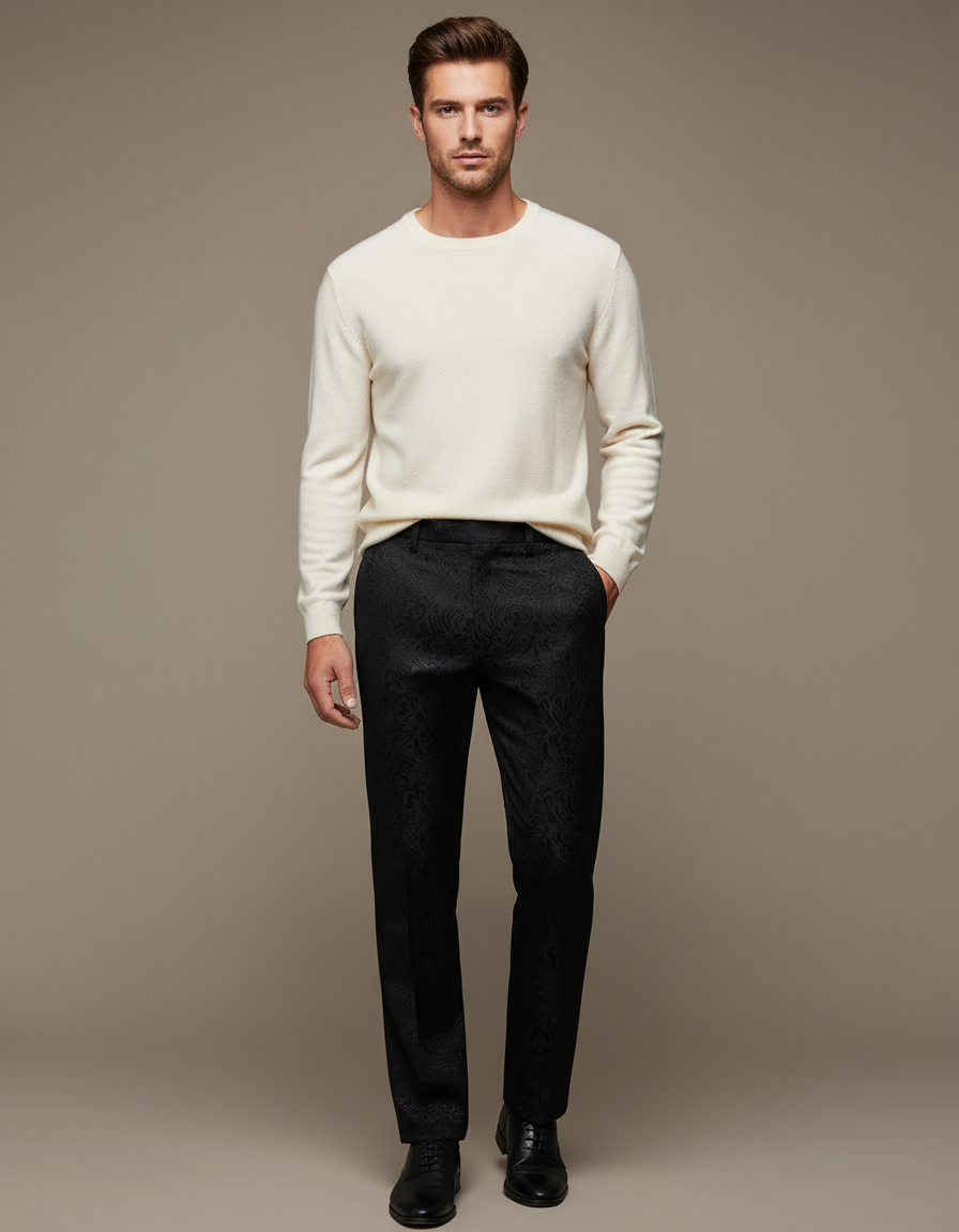 Pantalon Noir Jacquard Motif Baroque Élégant Homme - Satin